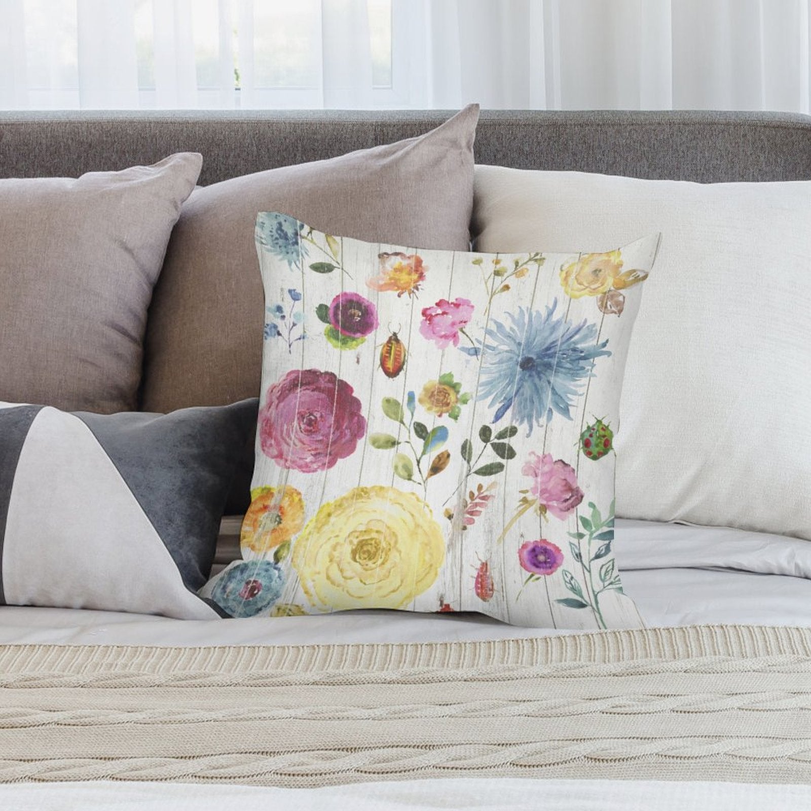 MyArtsyGift plush pillow cover with watercolor floral design. Decorative pillow for sofa, couch or living room.