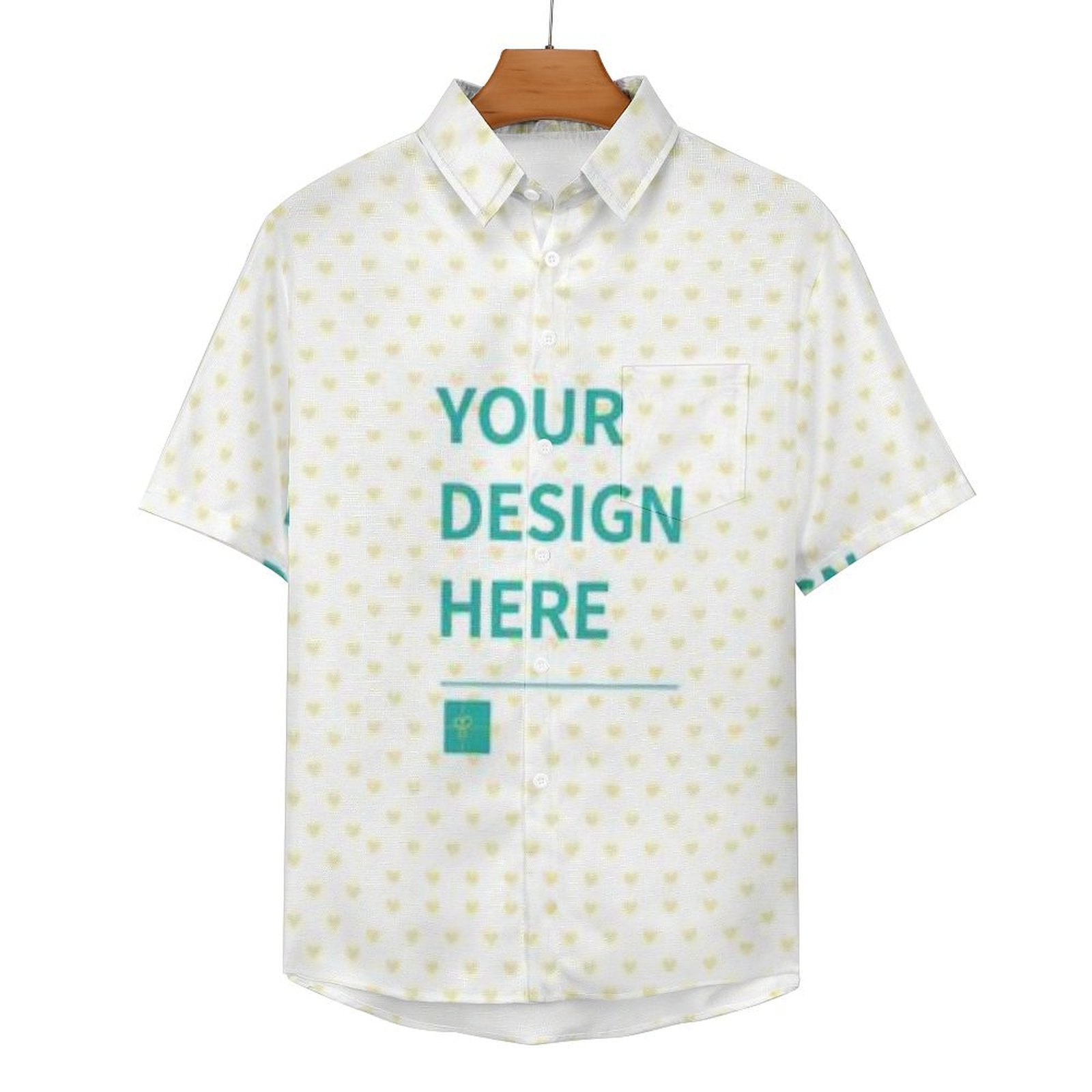 Customizable short-sleeved men's button-down shirt with heart pattern, "YOUR DESIGN HERE" text.