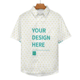Customizable short-sleeved men's button-down shirt with heart pattern, "YOUR DESIGN HERE" text.
