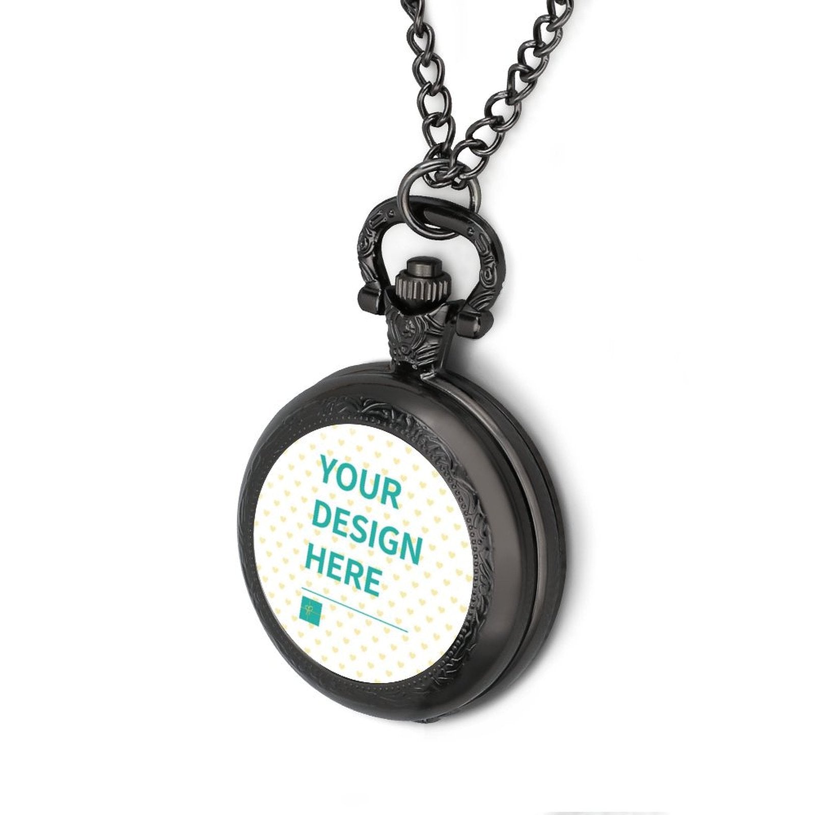 Personalized black pocket watch with customizable design area, ideal gift for birthdays and anniversaries, metal alloy.