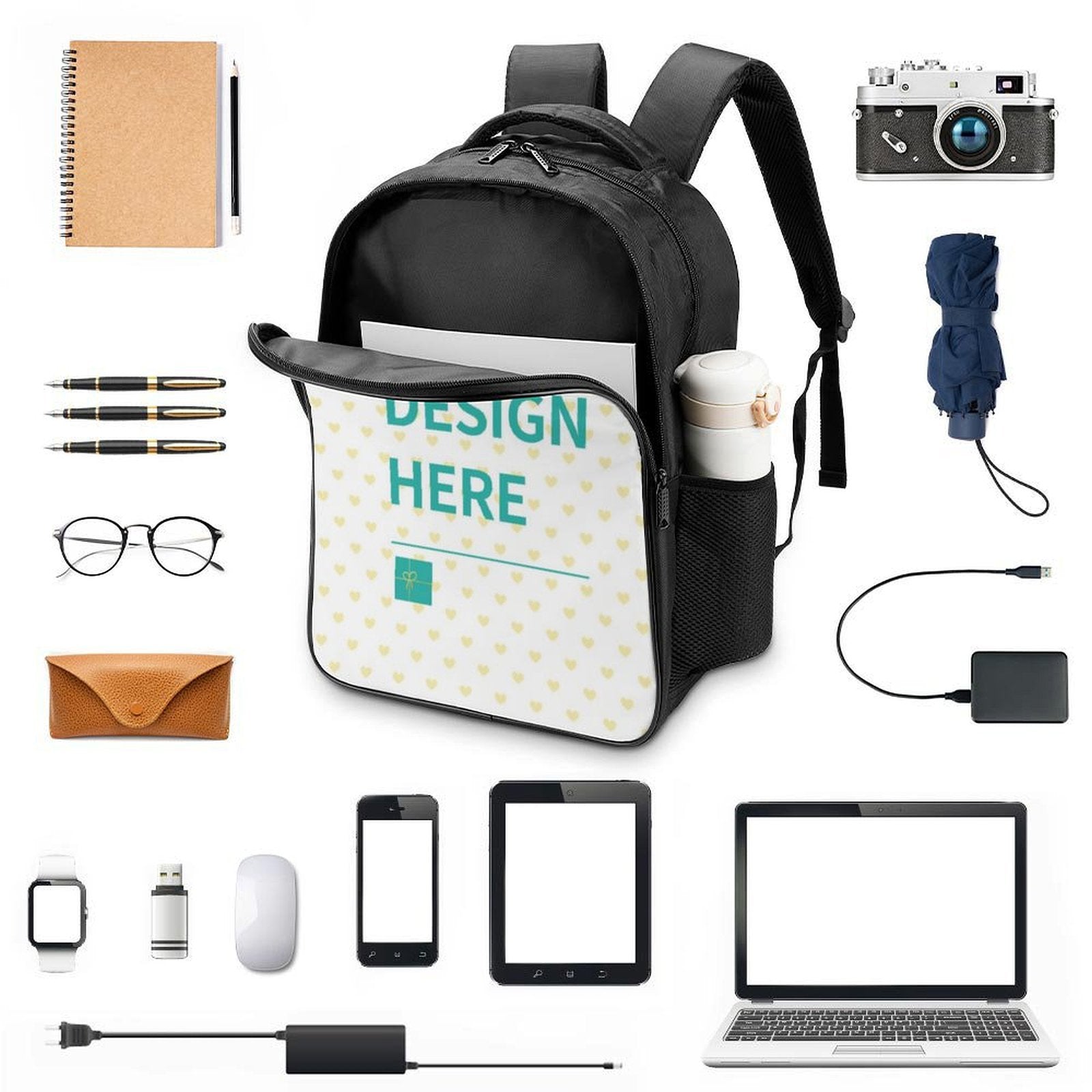 Customizable laptop backpack with 'DESIGN HERE' print, perfect for carrying essentials like a laptop and accessories.