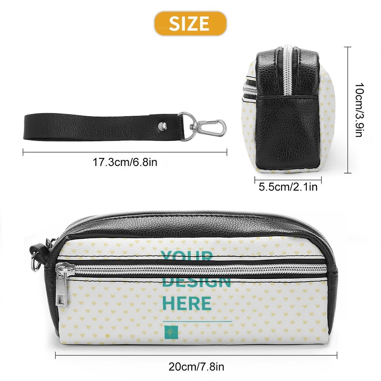 Customizable leather pen bag with double zipper and "YOUR DESIGN HERE", perfect for girls, women, and office.