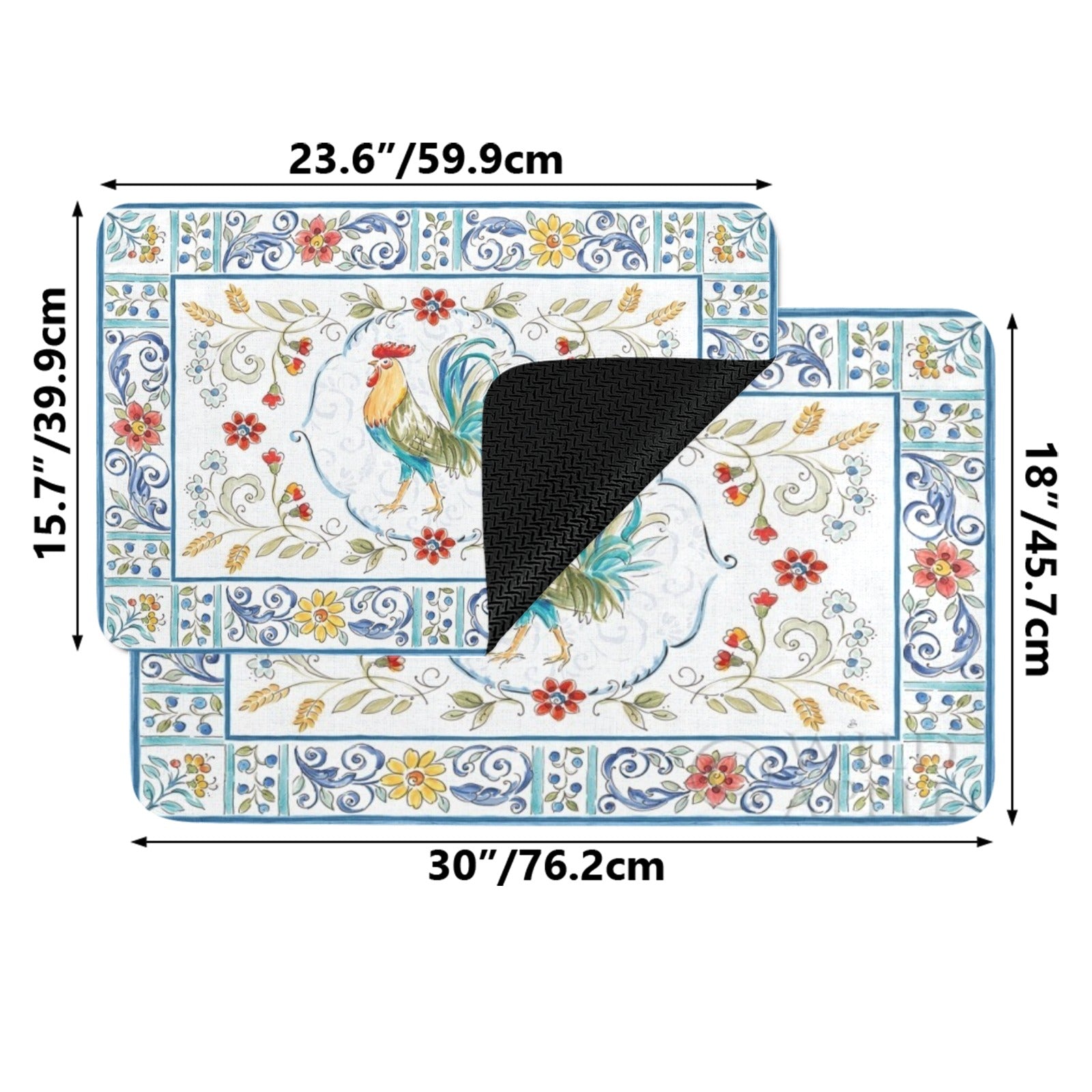 Rooster design door mat with floral pattern, indoor/outdoor use, measuring 30"x18" for entrance decor