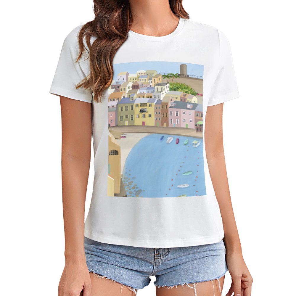 Women's white crewneck t-shirt with colorful coastal town graphic print.
