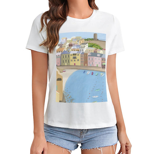 Women's white crewneck t-shirt with colorful coastal town graphic print.