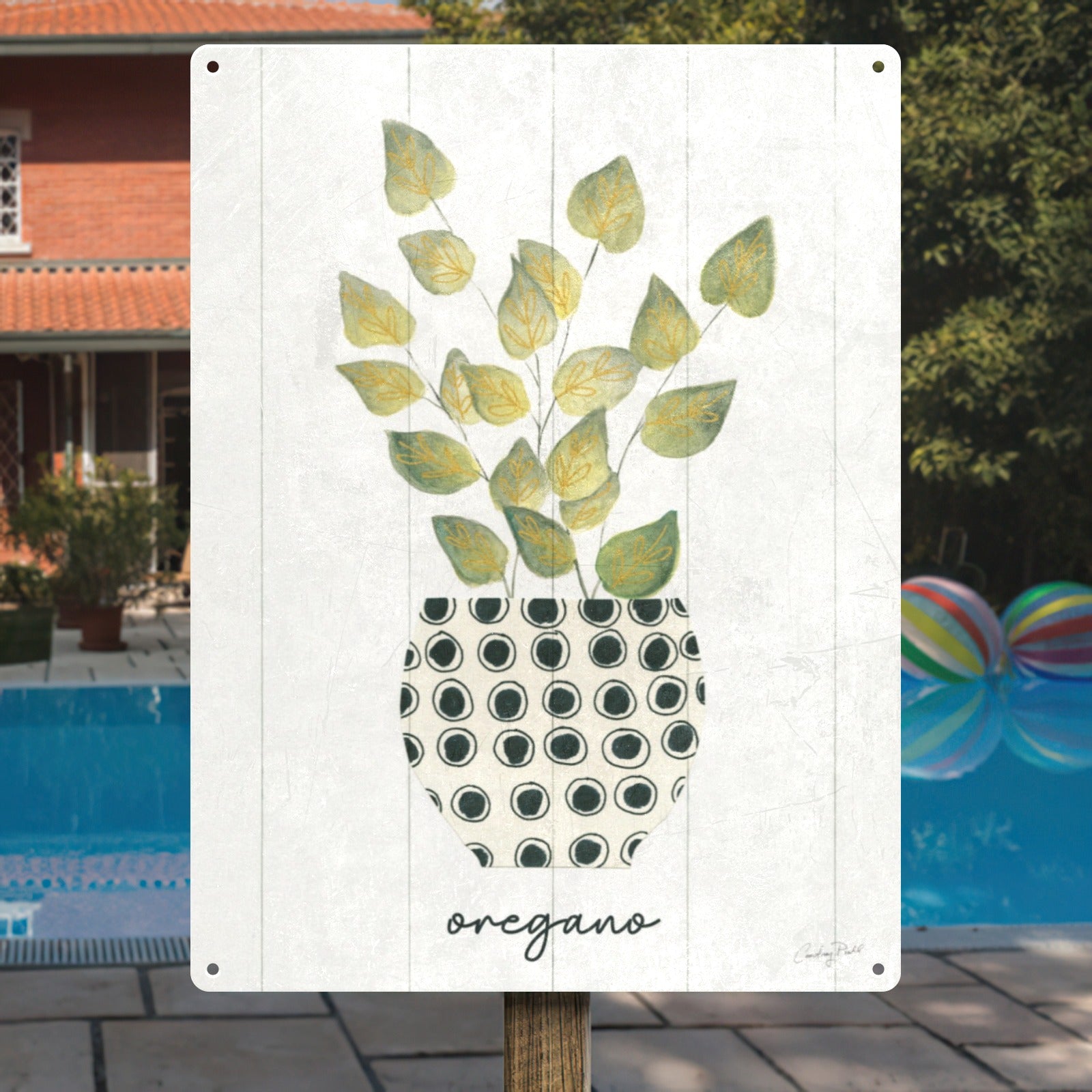 Oregano metal sign with green plant art; vintage style wall decor for kitchen or garden.