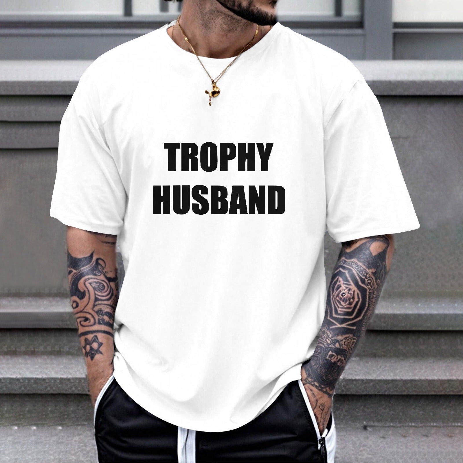 White Gildan Unisex TROPHY HUSBAND T-shirt. Cotton fabric, perfect gift for husband. Comfortable and stylish apparel.
