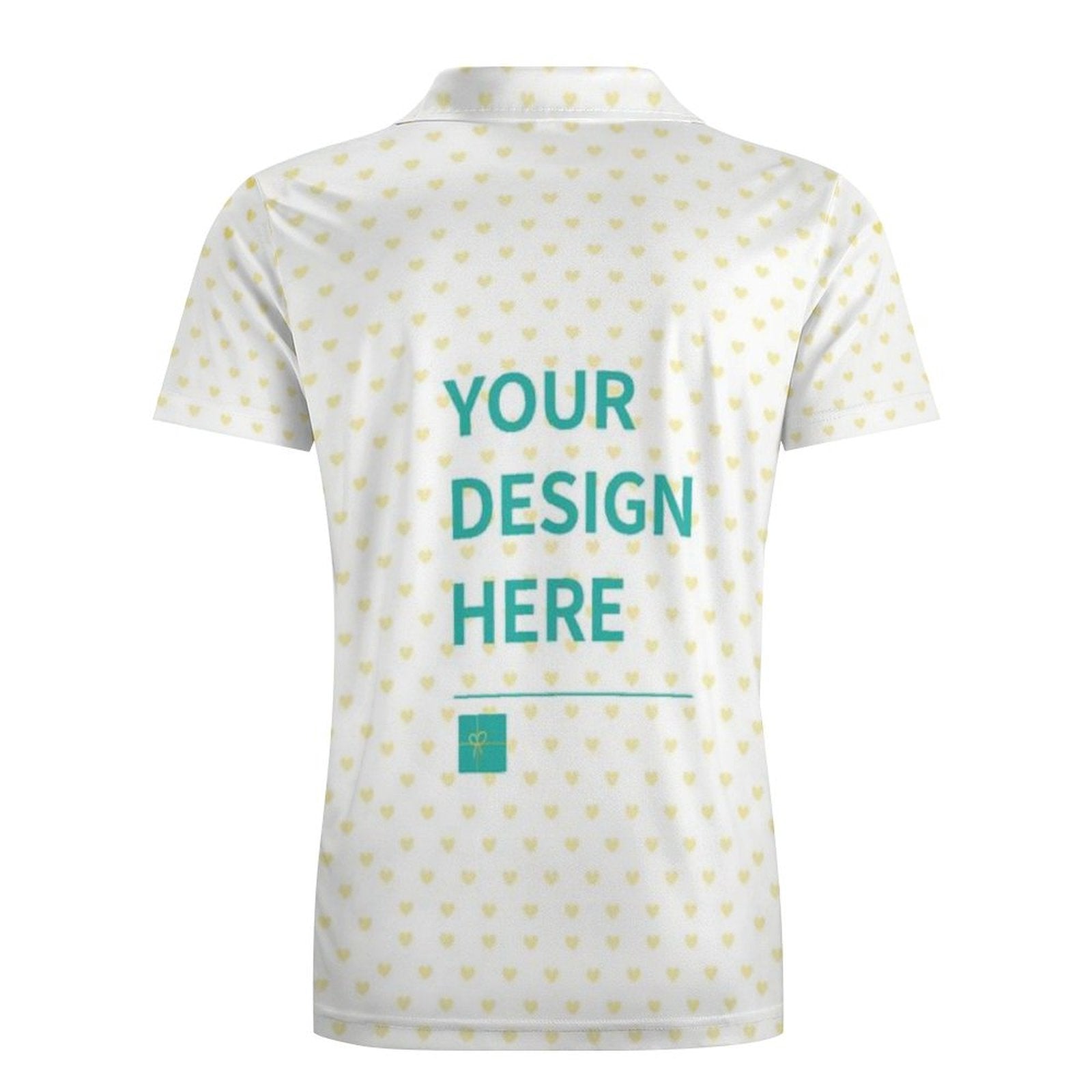 Custom men's polo shirt with 'Your Design Here' text, white with yellow hearts, perfect for personalization.