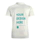 Custom men's polo shirt with 'Your Design Here' text, white with yellow hearts, perfect for personalization.