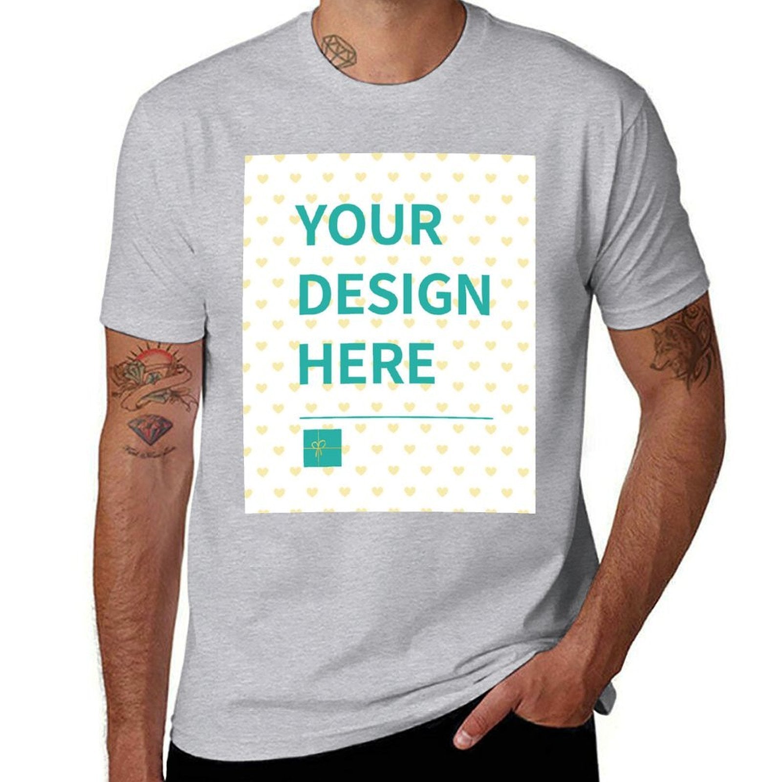 Customizable gray short sleeve t-shirt for men with 'YOUR DESIGN HERE' design, pure cotton apparel