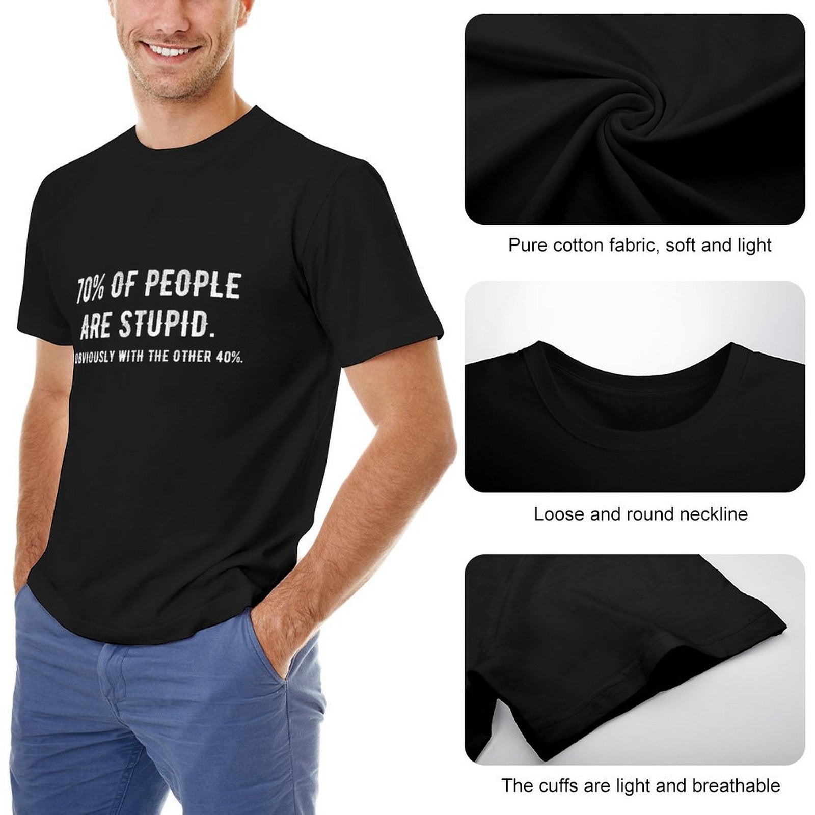 Men's black crew neck t-shirt with funny quote, pure cotton fabric, breathable. Classic Tees for men
