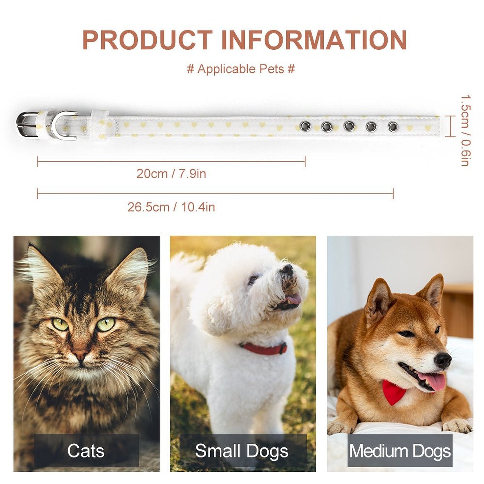 Pet collar for dog and cat, oxford fabric, detailed dimensions, suitable for cats, small dogs, and medium dogs.