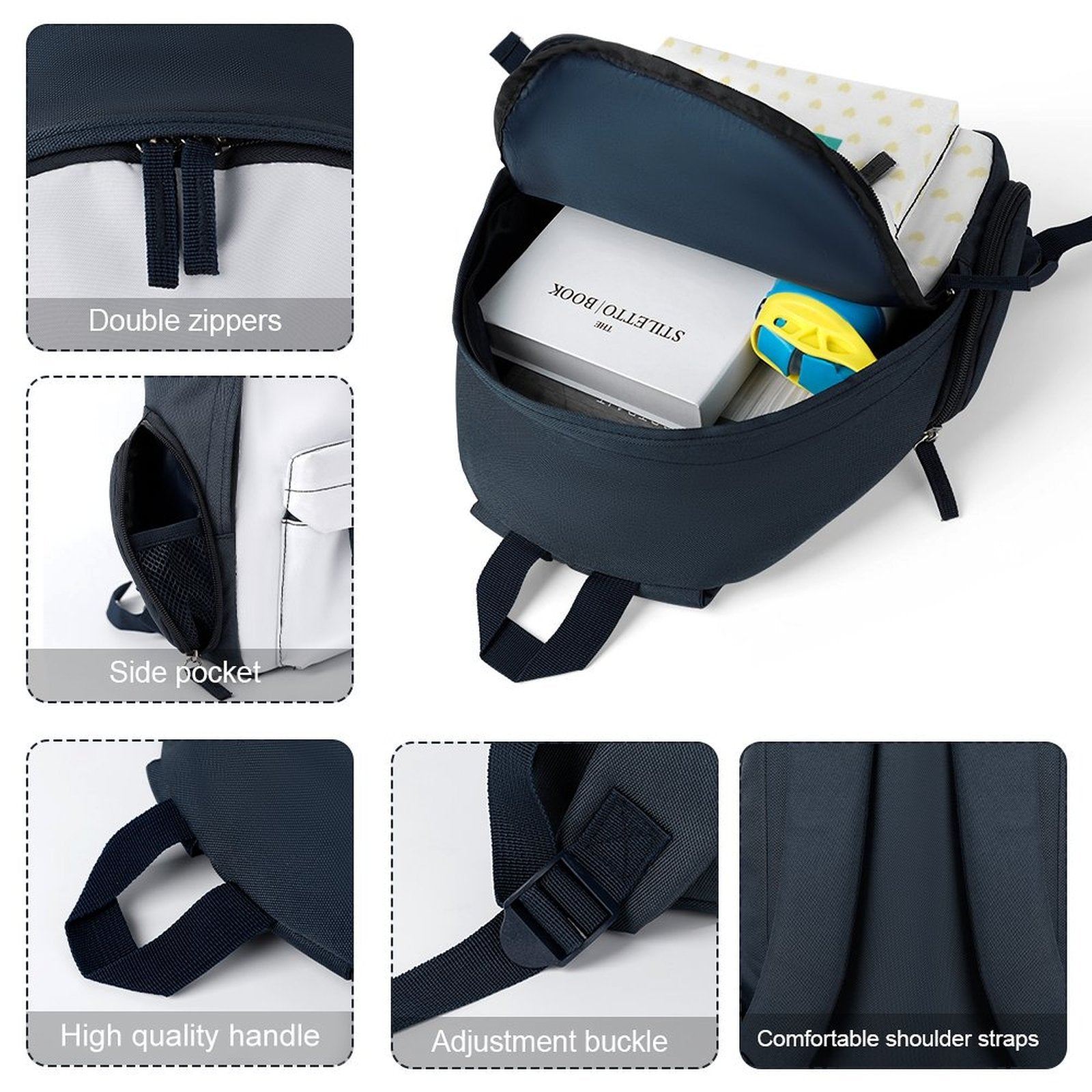 Navy blue kids backpack with polyester material, durable for school use. Features double zippers and side pockets.
