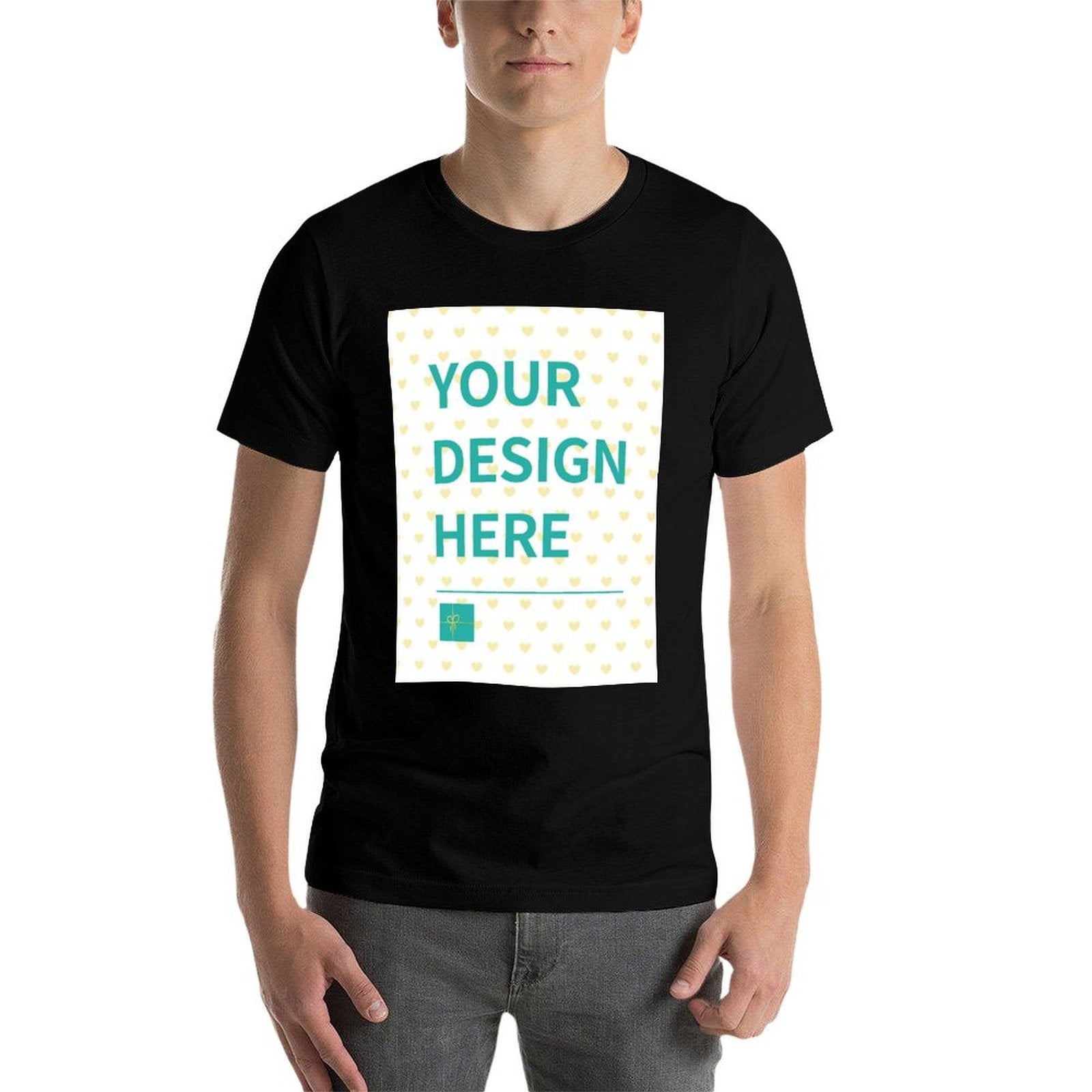 Custom black short sleeve t-shirt with 'YOUR DESIGN HERE', customizable design from MyArtsyGift.com