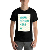 Custom black short sleeve t-shirt with 'YOUR DESIGN HERE', customizable design from MyArtsyGift.com