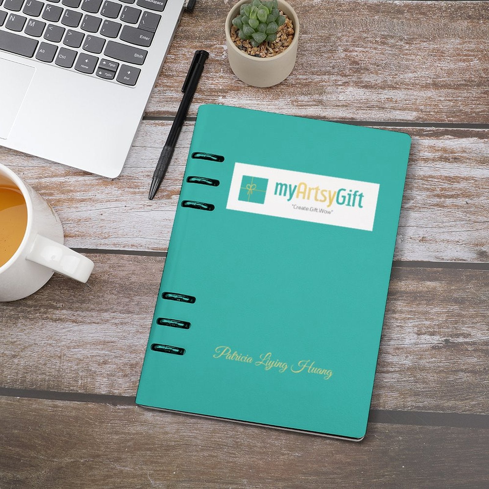 Teal PU leather loose-leaf notebook with MyArtsyGift logo, Patricia Liying Huang signature, A5 for note-taking & office.