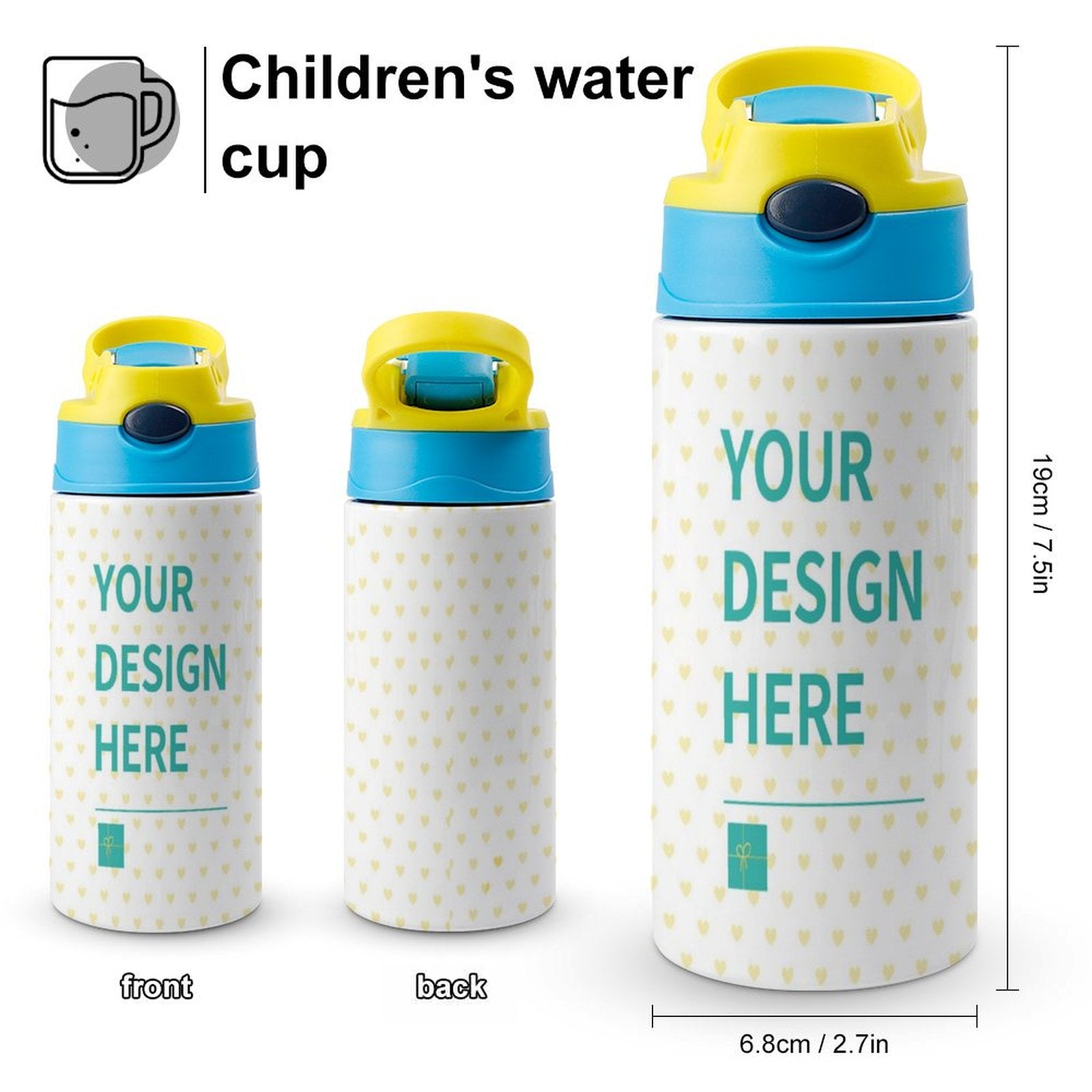 Kids insulated water bottle, customizable toddler cup with flip-top lid, personalized design.