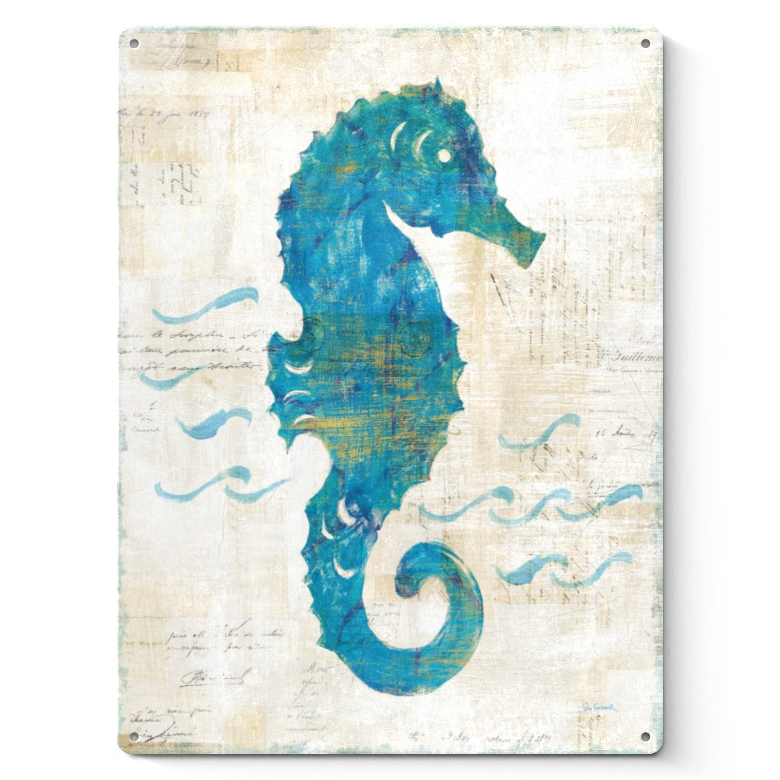 Blue seahorse metal sign with vintage texture, "On the Waves III" art, perfect home decor