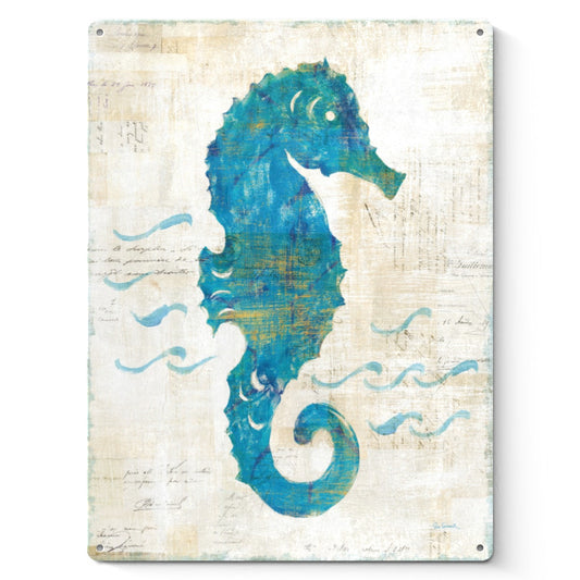 Blue seahorse metal sign with vintage texture, "On the Waves III" art, perfect home decor