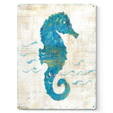 Blue seahorse metal sign with vintage texture, "On the Waves III" art, perfect home decor