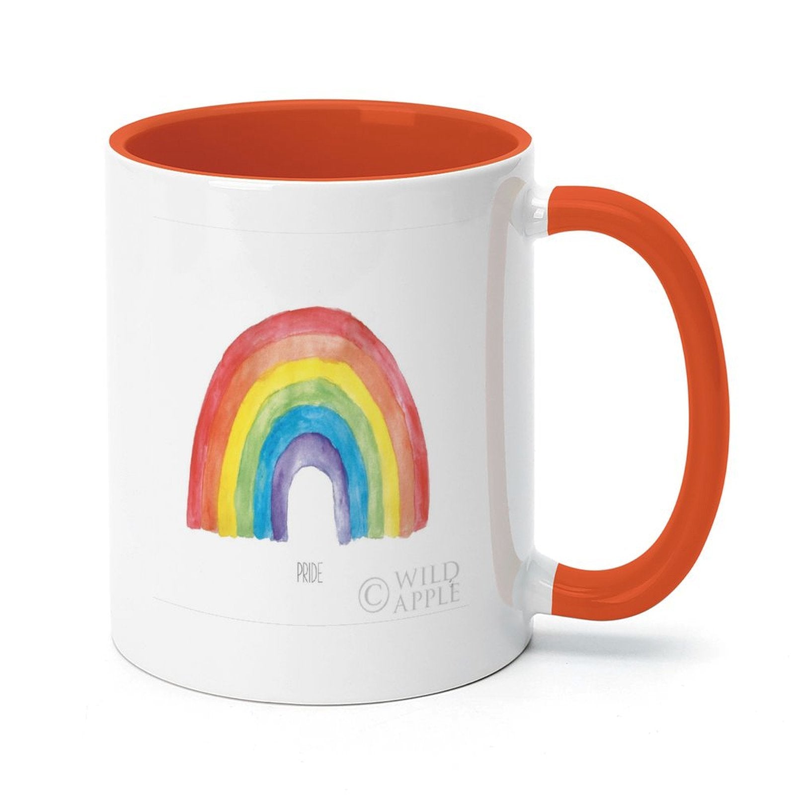 White ceramic Pride mug with rainbow design and orange handle, personalized gift from MyArtsyGift