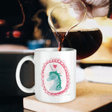 White ceramic Unicorn Magic II mug, customizable gift, filled with coffee, perfect for MyArtsyGift.com.