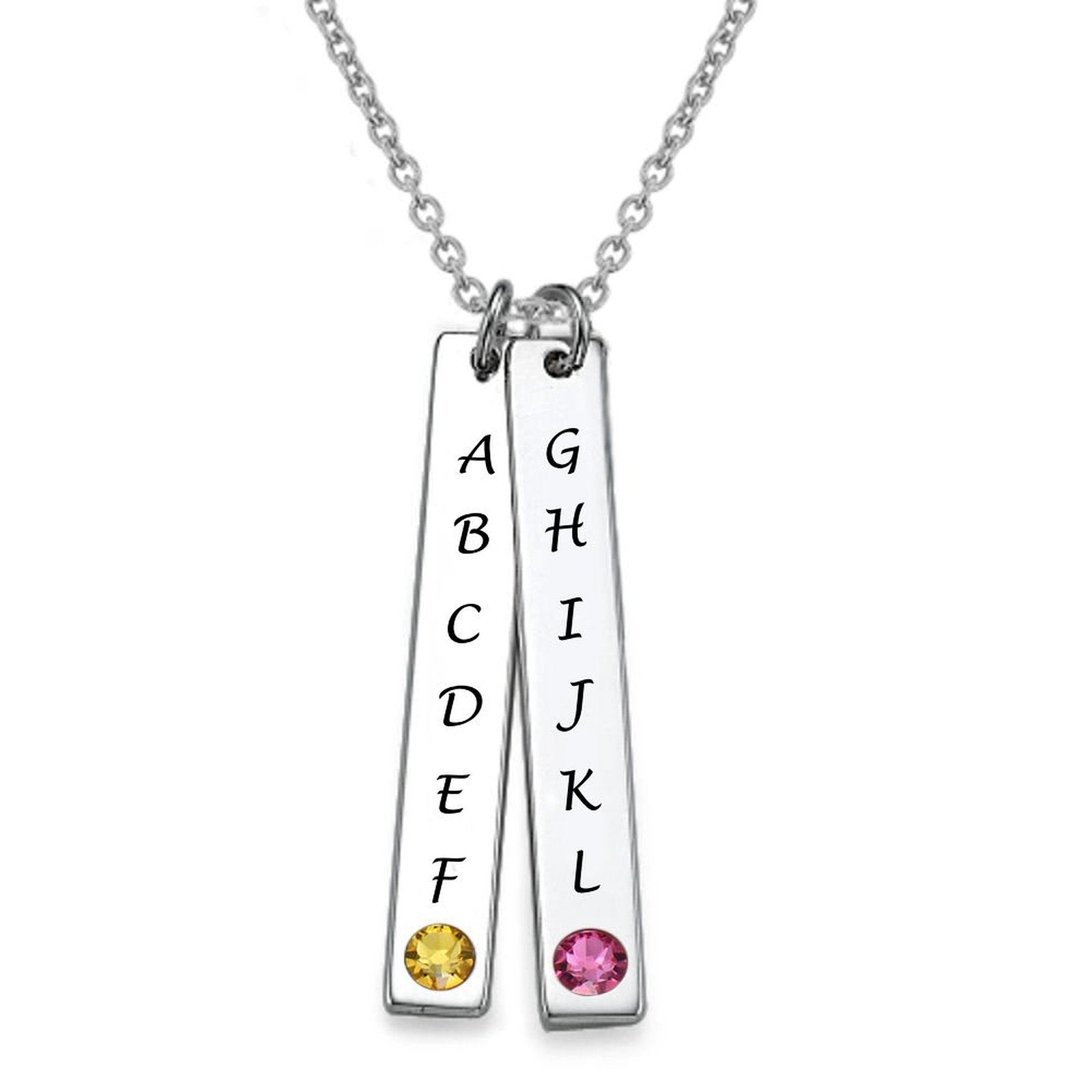Custom Vertical Double Bar Necklace with engraved initials and gemstone accents, personalized gift for men or women