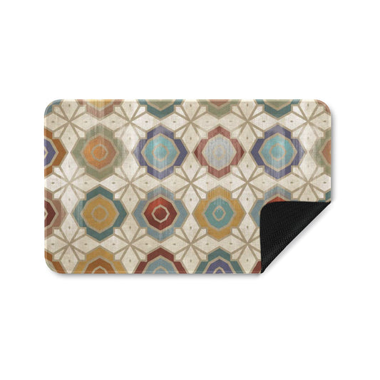 Pattern doormat with colorful geometric design, suitable for indoor/outdoor use, featuring a non-slip rubber backing