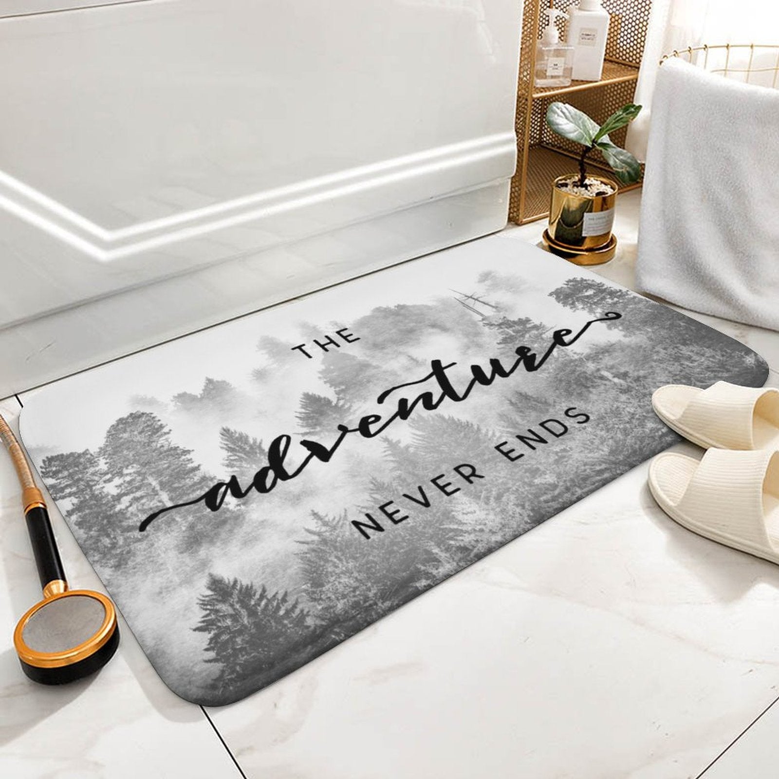 Coral velvet bath rug with "The Adventure Never Ends" design, perfect for bathroom use.