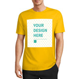 Yellow custom cotton t-shirt with 'YOUR DESIGN HERE' graphic. Unique personalized gift idea from MyArtsyGift