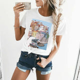 Women's white short sleeve crewneck t-shirt with town graphic print, MyArtsyGift, casual wear.