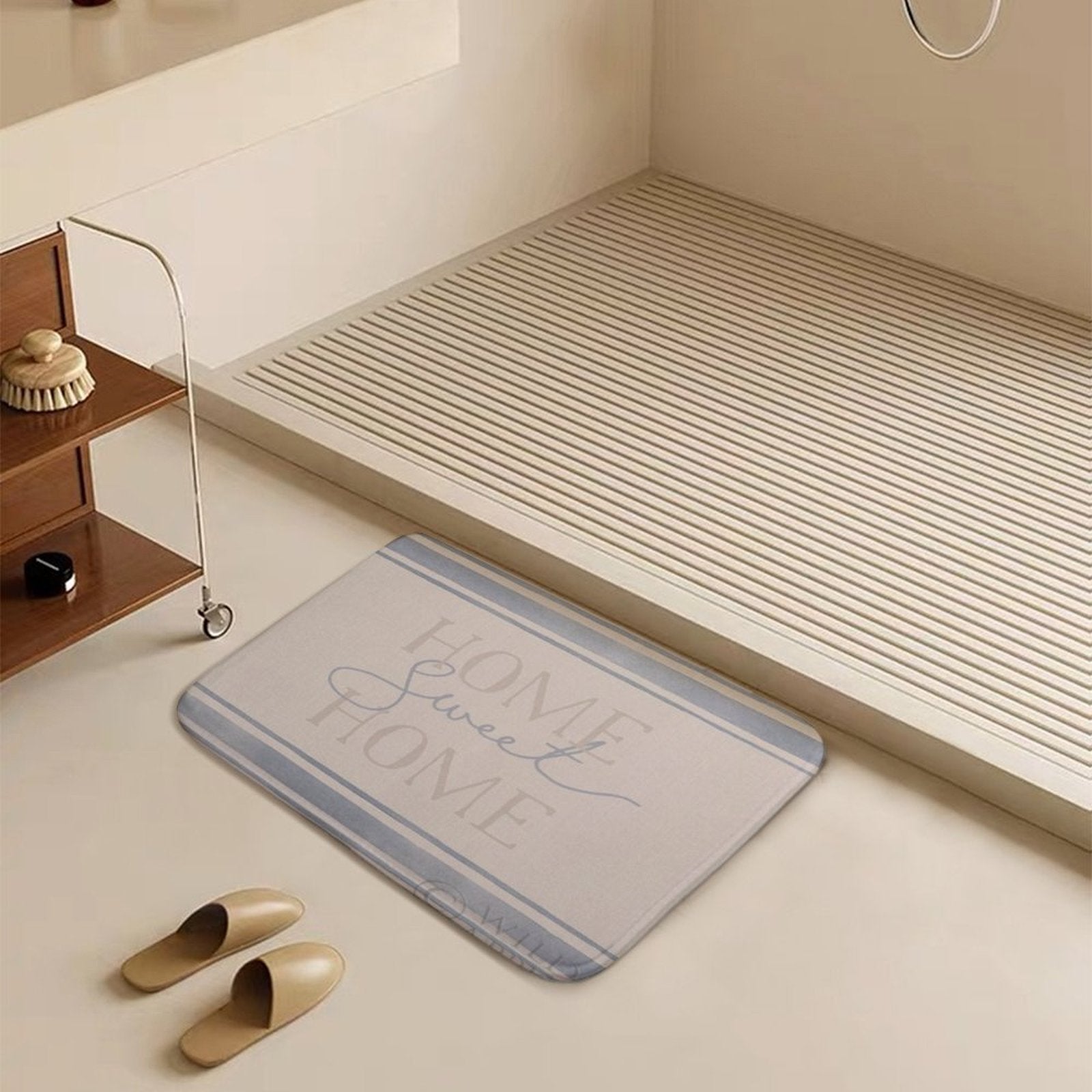 Coral velvet bath rug with "HOME Sweet HOME" text, non-slip for bathroom, kitchen and bedroom decor