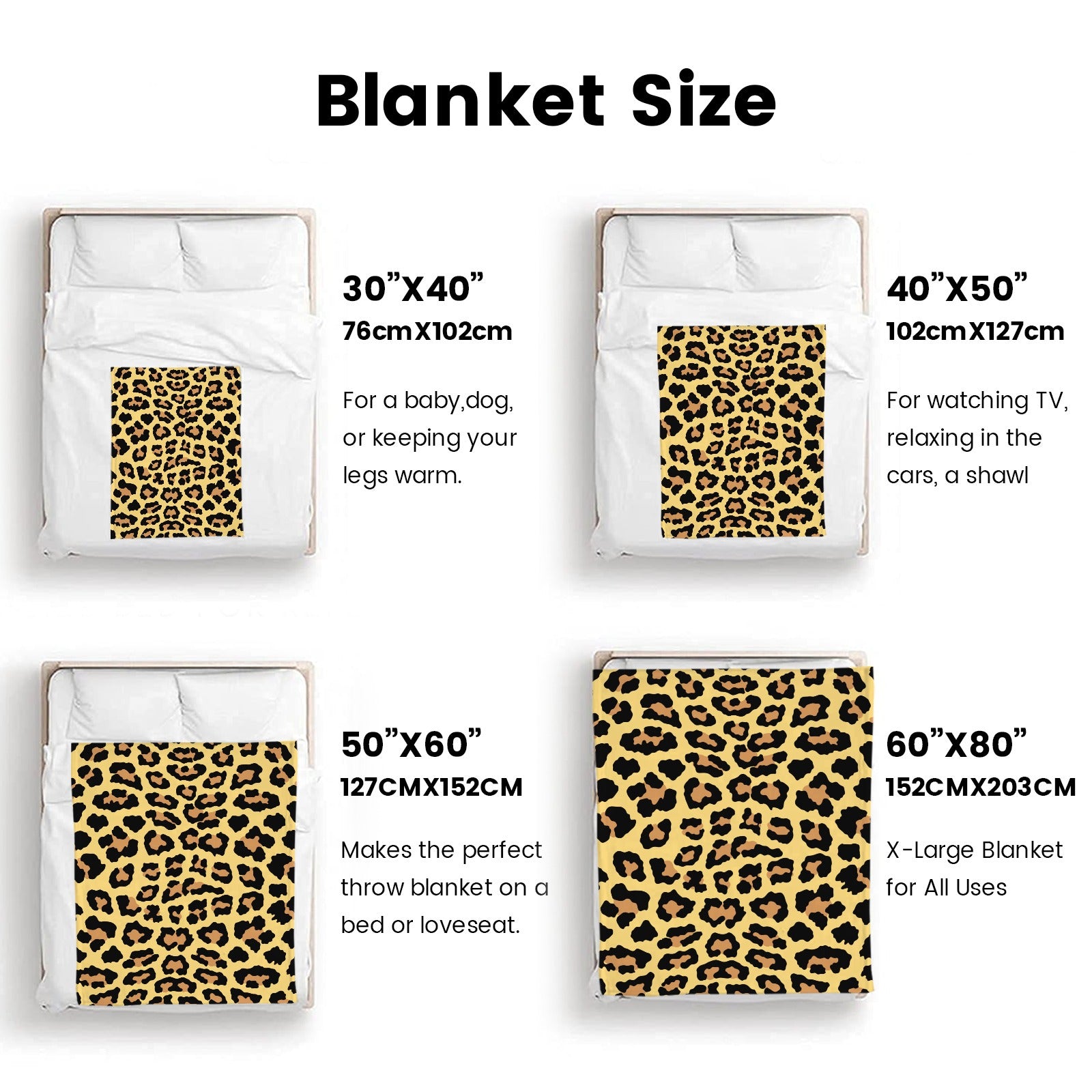 Leopard print flannel blanket size guide: 30x40, 40x50, 50x60, and 60x80 sizes. Perfect for all uses.