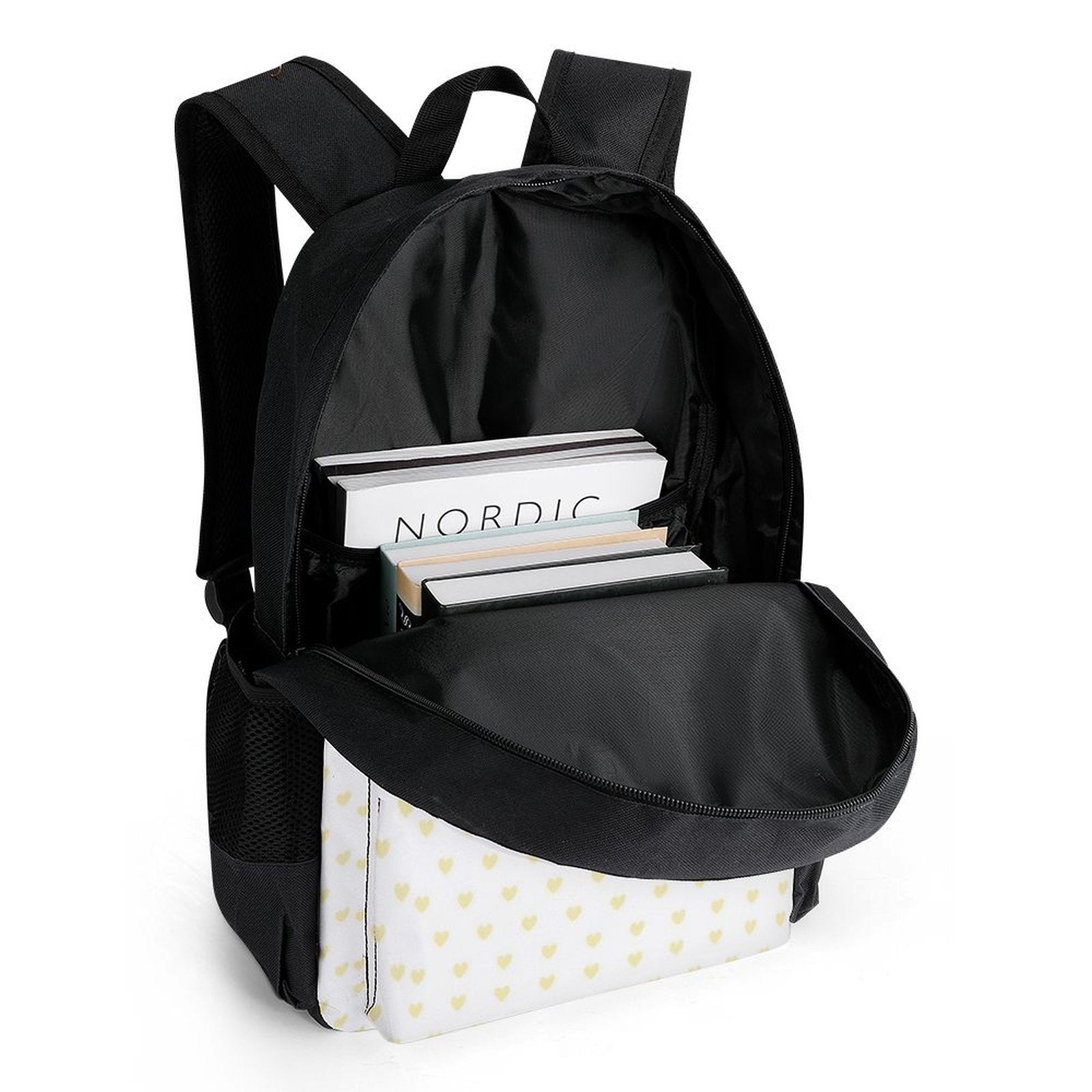Custom kids backpack with open compartment, black polyester, side pocket, "NORDIC" books, and heart pattern.