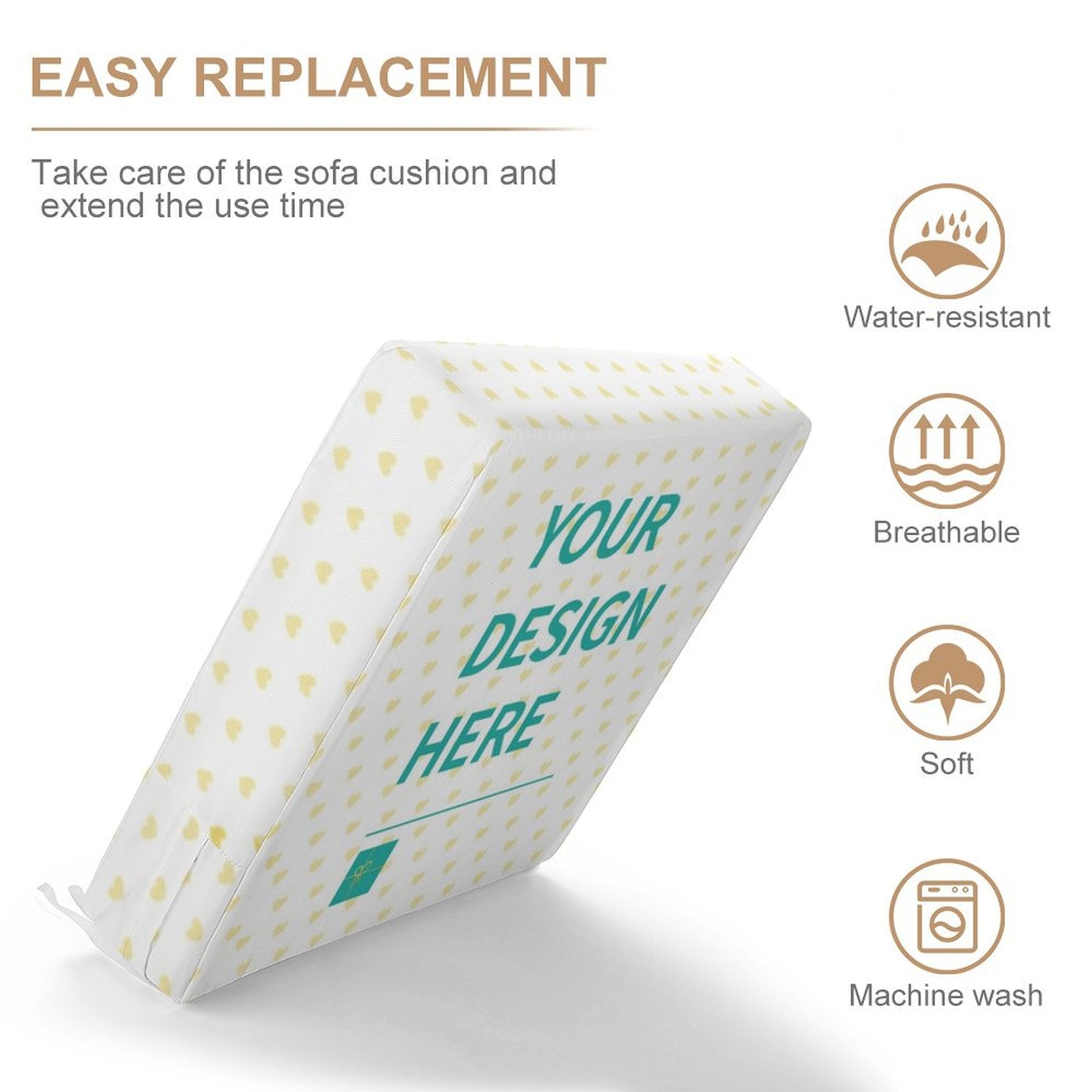 Customizable sofa cushion cover with heart pattern, 'YOUR DESIGN HERE' text, waterproof, breathable, soft, machine washable.