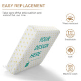 Customizable sofa cushion cover with heart pattern, 'YOUR DESIGN HERE' text, waterproof, breathable, soft, machine washable.