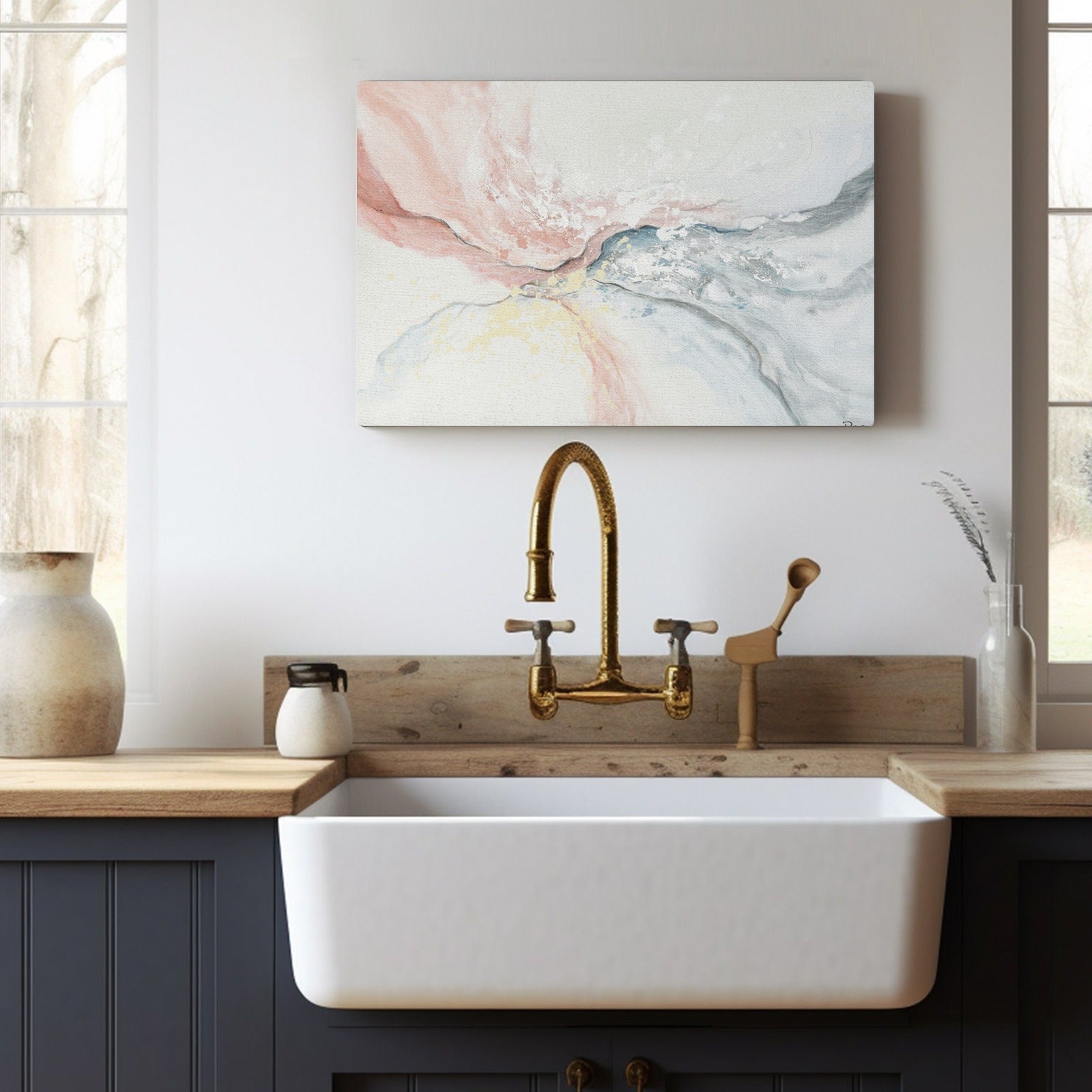 Pink abstract canvas wall art above kitchen sink, blush pink and gray artwork for living room, office decoration