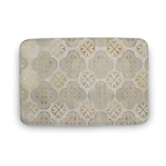 Coral velvet bath rug with non-slip backing and gold floral pattern, bathroom decor