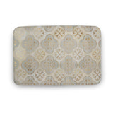 Coral velvet bath rug with non-slip backing and gold floral pattern, bathroom decor