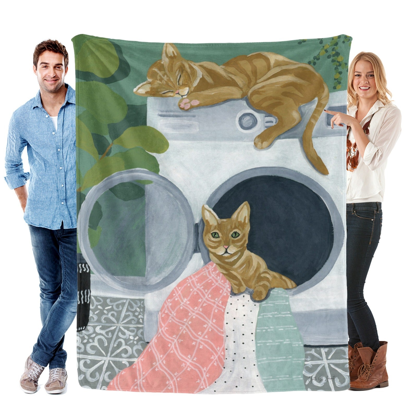 Laundry Cats Flannel Blanket for Sofa Couch Bed, cat design, soft polyester, made in USA