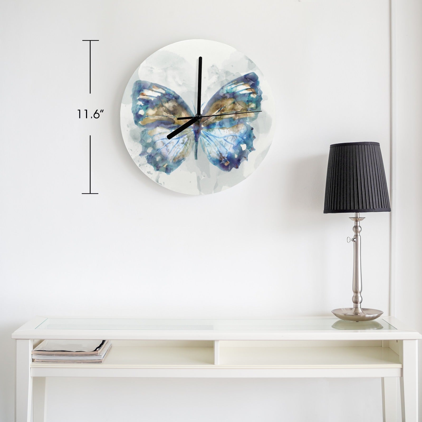 Modern blue butterfly MDF wall clock, 11.6-inch, for home and office decor