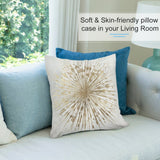Soft plush pillow cover with gold burst design in a living room setting. Skin-friendly and decorative pillow cover for sofa.