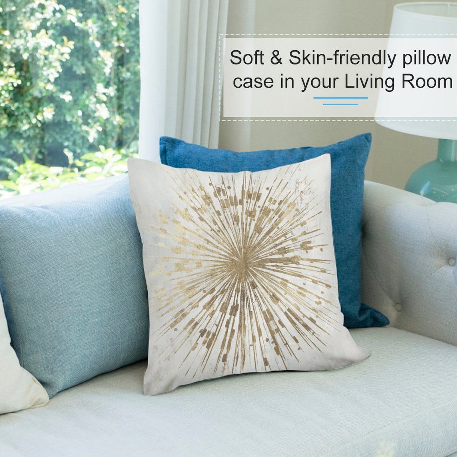 Soft plush pillow cover with gold starburst design in a living room, MyArtsyGift