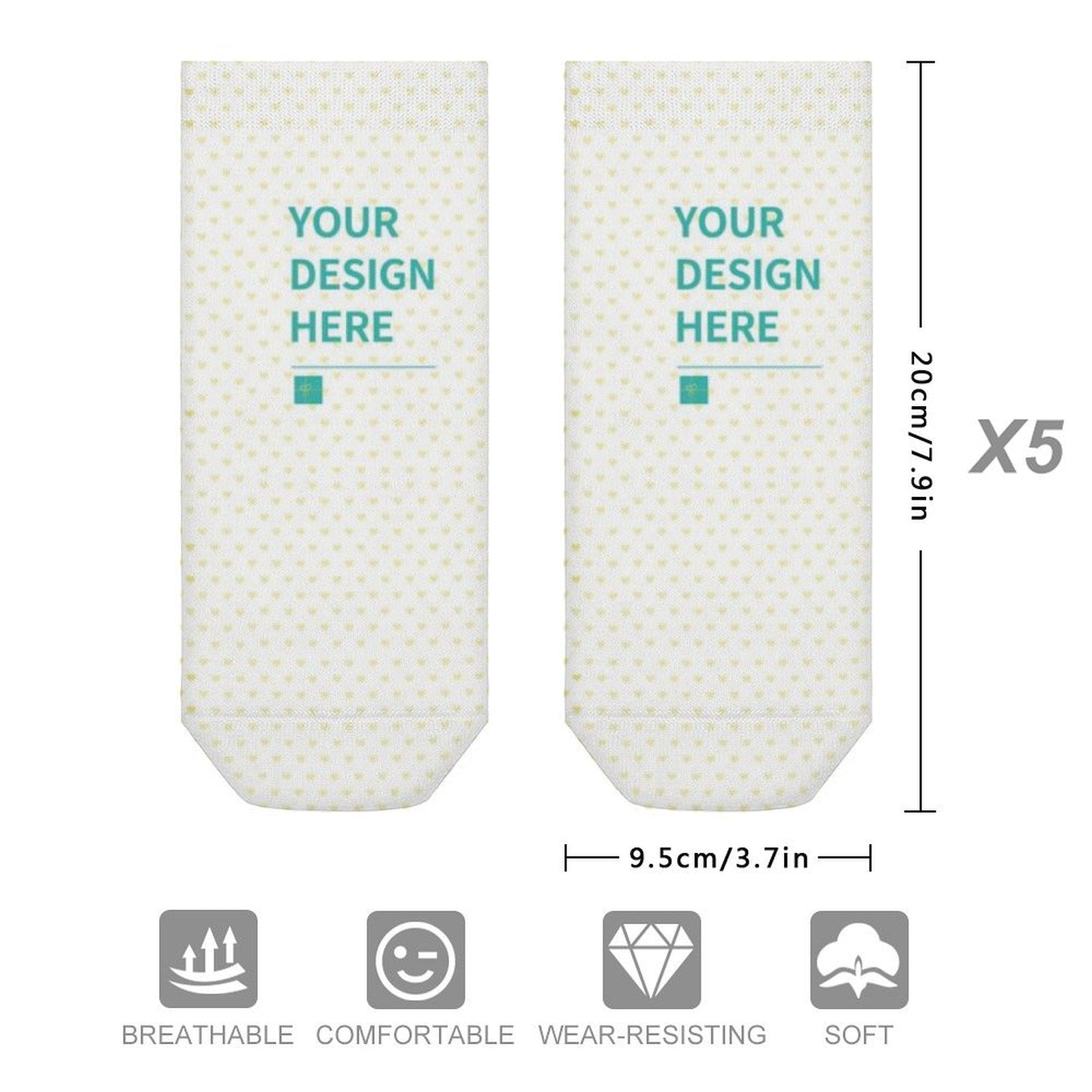 Personalized short socks with custom design option, breathable and comfortable polyester socks.