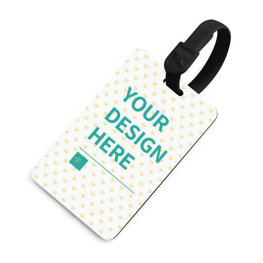 Custom Luggage Tag with 'YOUR DESIGN HERE' text, black strap. Made of durable TPU. Perfect for travel.