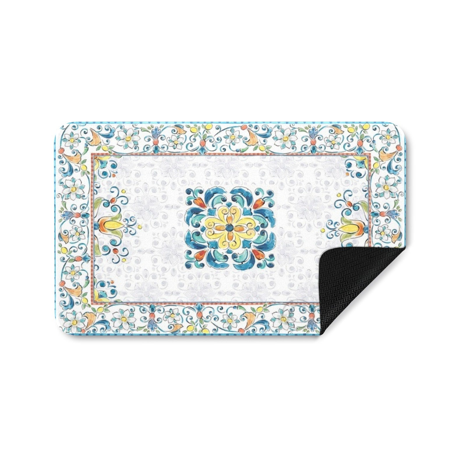 Mediterranean entrance doormat featuring floral and ornamental design with rubber backing