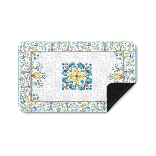 Mediterranean entrance doormat featuring floral and ornamental design with rubber backing