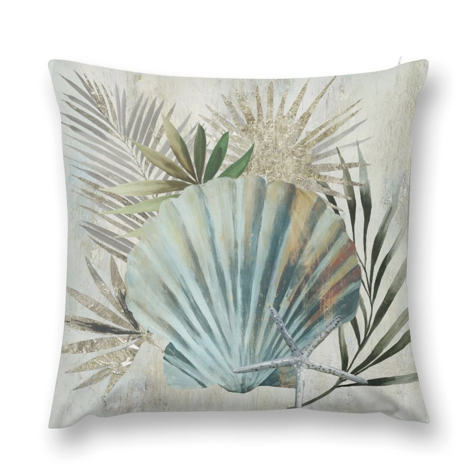 Luxury short plush throw pillow cover with seashell and palm leaf design, perfect for sofa and couch decor