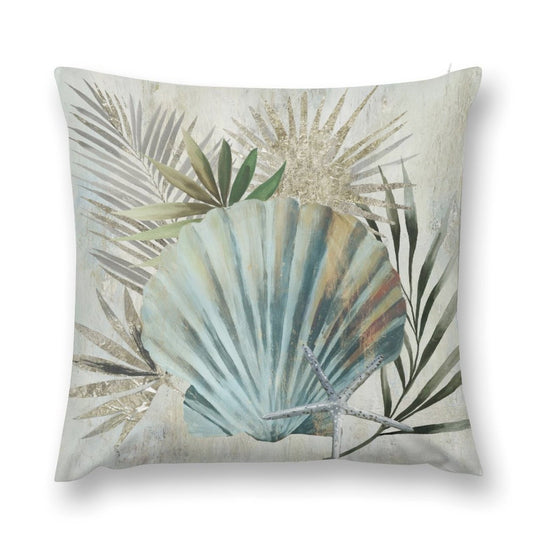 Decorative plush pillow cover with seashell and starfish art for sofa, couch or living room.