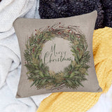 Christmas pillow cover with wreath design, Merry Christmas text, cotton linen home decor